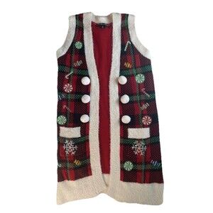United States Sweaters Holiday Vest M Red Plaid Candy Sequin Ugly Sweater VGUC